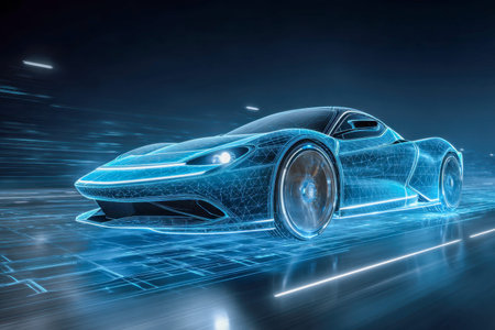 A dynamic scene featuring a streamlined vehicle racing along a luminous cyber roadway, illuminated...