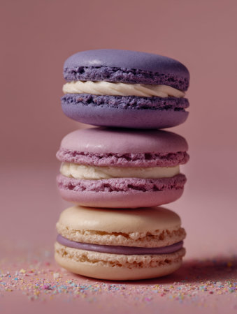 Vibrant macarons layered with luscious filling rest on a pink backdrop, scattered with confetti,...