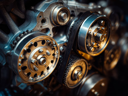 Intricate mechanical components showcase interlocking gears and taut belts within an engine,...