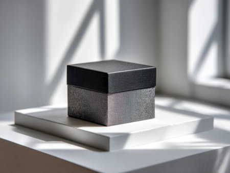 A sophisticated black box with a textured finish sits atop a sleek white pedestal, illuminated by gentle natural light and subtle modern shadows in a bright, minimalist sの写真素材