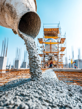 Freshly poured concrete flows over a steel reinforcement grid, poised to shape the foundation under...