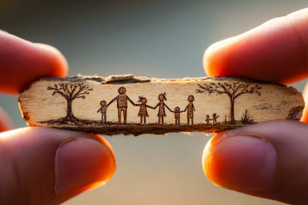 An intricate wooden sculpture illustrating interconnected branches and figures, embodying family...