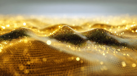 A luminous, flowing landscape of shimmering amber curves crafted from interconnected glowing points, evoking a sense of gentle motion in a dreamlike environmentの写真素材