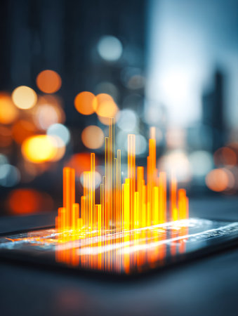 A sleek tablet displays colorful animated bar charts, illustrating real-time analytics and insights,...