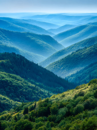 A tranquil landscape featuring vibrant, verdant peaks under a gentle mist, with soft blue tones...