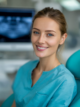 A cheerful female dental expert in crisp blue attire radiates confidence as she sits in a sleek, contemporary clinic, with advanced digital imaging equipment behind her.のeditorial素材