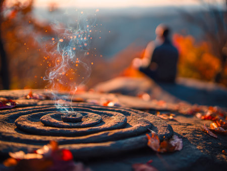 Tranquil autumn setting featuring a burning coil incense with curling smoke and glowing embers, nestled among vibrant fallen leaves and a softly blurred figure enjoying quietude.の写真素材