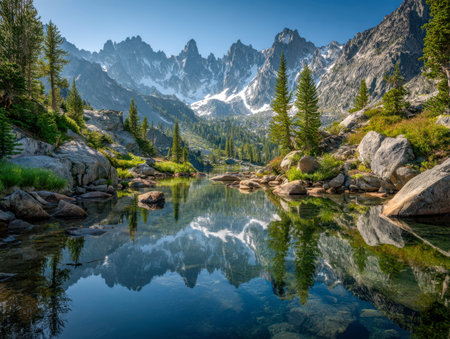 Tranquil waters mirror rugged peaks and lush greenery under a clear blue sky, capturing the...
