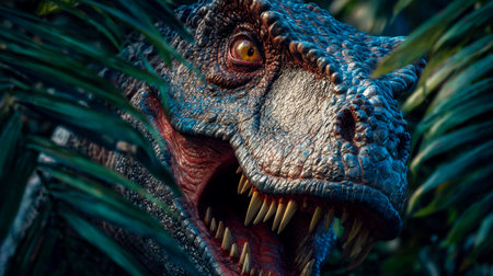 A menacing dinosaur's eye peers through vibrant, dense greenery, capturing raw primal intensity in a...