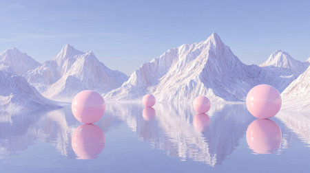 A dreamlike winter scene featuring gentle pastel pink orbs mirrored in tranquil waters, set against...