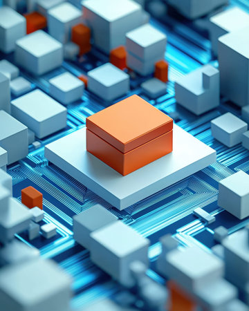 A detailed macro shot highlighting the intricate network of circuits, tiny components, and pathways...