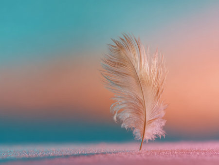 A slender feather elevates gently from a plush base, set against a hazy backdrop of warm pastel...