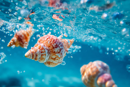 Delicate seashells resting on the ocean floor, surrounded by shimmering bubbles, captured in...