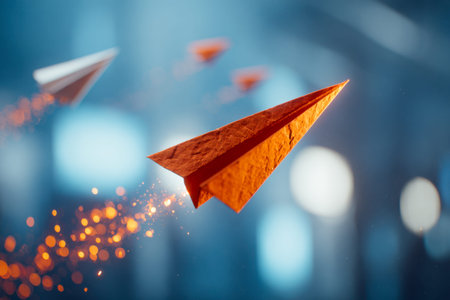 Vibrant orange paper crafts streak through a luminous scene, leaving shimmering trails that embody...