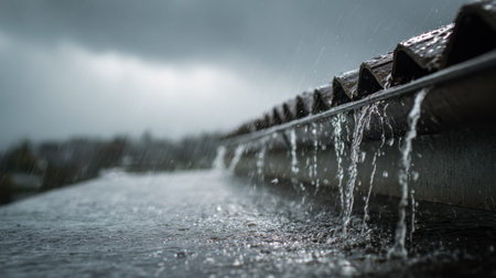 Torrent streams down shingles in a turbulent storm, capturing intense motion, raindrops splashing, and the raw power of nature's relentless pour.の写真素材
