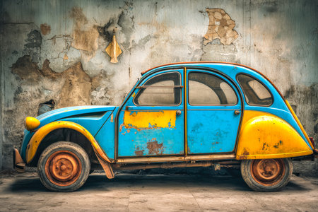 A vibrant, retro automobile rests silently beside a textured, faded wall, evoking nostalgia and...