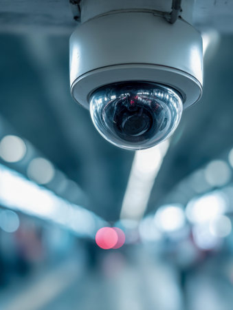 A detailed shot of a vigilant security unit overlooking a moody, softly illuminated transit hub,...