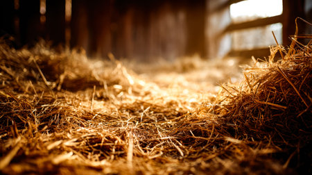 Rays of sunlight filter through open doors, illuminating a cozy space filled with golden straw and...