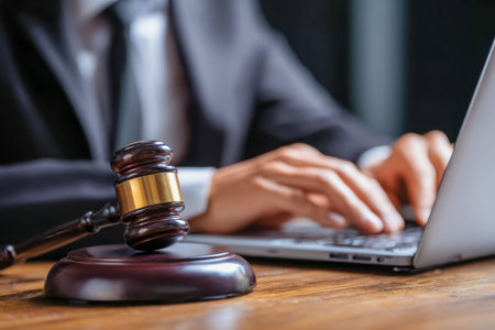 A polished wooden gavel rests firmly on a desk, symbolizing authority, while a business professional...