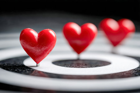 Vibrant red heart-shaped pins adorn a monochrome bullseye, emphasizing themes of affection,...