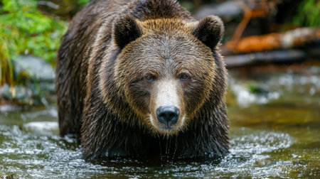 A regal brown bear navigates a tranquil forest stream, its reflection shimmering among lush greenery...