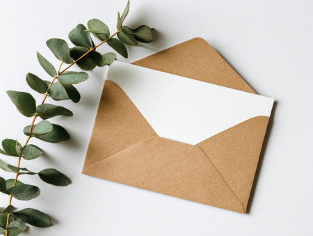 A vintage-style envelope paired with crisp white stationery, accented by a fragrant eucalyptus...