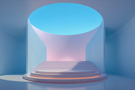 A futuristic, streamlined platform features smooth, sweeping curves and a prominent circular...
