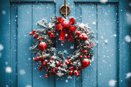 A cheerful holiday display featuring a lush wreath adorned with bright red baubles and a matching...