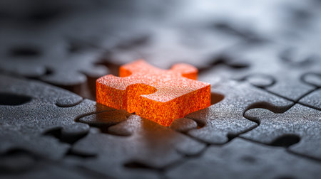A vibrant orange fragment illuminates as it seamlessly completes a subdued gray assembly, symbolizing unity, collaborative effort, and strategic solutions.の写真素材