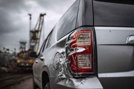 A battered silver suv with a crumpled rear corner rests amidst scattered building materials and...