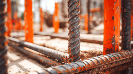 Weathered metal bars intertwine within a developing structure, showing industrial resilience and the...