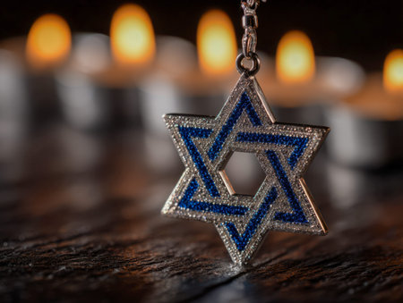 A detailed shot of a shimmering silver and azure star charm, gently highlighted by flickering...