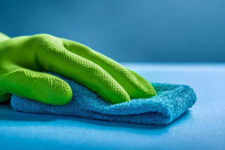 A vivid green glove presses gently against a pastel blue fabric as it glides over a polished...