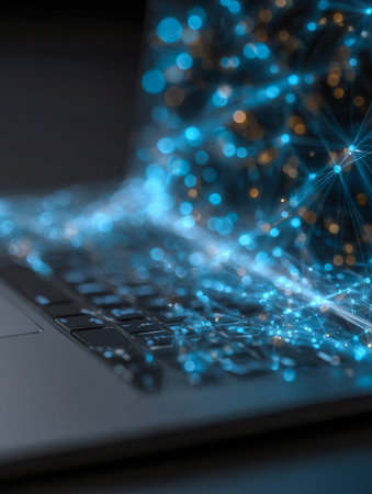 A sleek laptop displays vibrant graphs and network lines, illustrating real-time data flow and...