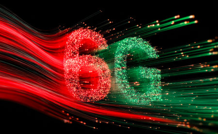 A lively, high-tech visual featuring intertwined red and green hues forming a spirited numerical...