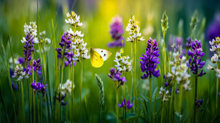 A lively yellow butterfly rests delicately on vibrant white and violet blossoms, illuminated by warm sunlight amid lush greenery and a gently blurred natural backdrop.の写真素材