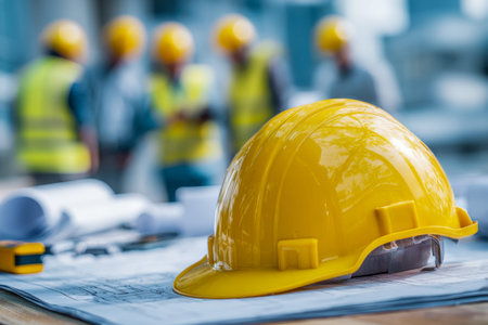 A vibrant yellow helmet gently atop detailed blueprints, with a backdrop of focused workers clad in...
