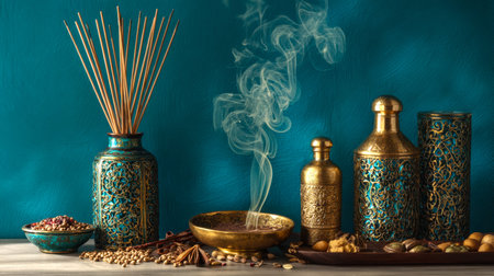 Elegant, intricately designed vessels holding fragrant incense and herb bundles are artfully...