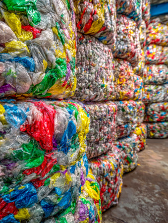 Vibrant plastic bales stacked in a storage yard, ready for eco-friendly processing or responsible...