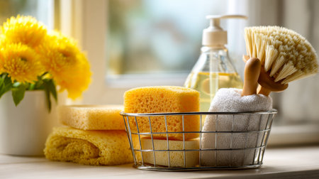 Sunlit kitchen scene featuring organized sponges, a cleaning brush, and a soap pump on a warm wooden...