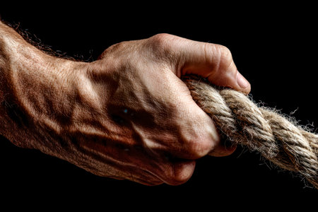 A rugged, aged hand tightly clutching a worn, knotted cord, conveying strength and resilience...