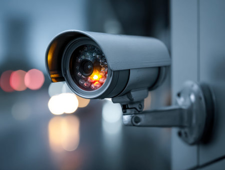 A sleek surveillance device cast in subtle blue glow, overseeing city streets illuminated by neon...