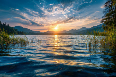 A peaceful evening scene where warm, fading sunlight reflects softly on a calm lake, bordered by...