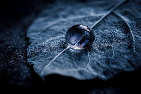 A shimmering droplet rests delicately on rugged leaf veins, illuminated by soft, moody lighting that...