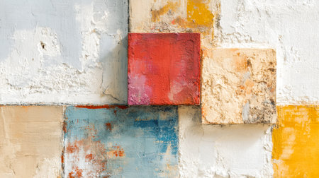 Vibrant geometric composition featuring layered, textured surfaces and bold, colorful geometric...
