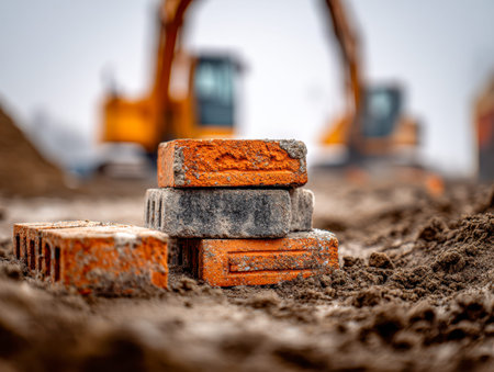 A rugged pile of aged bricks speckled with soil, contrasted against a hazy backdrop of construction...