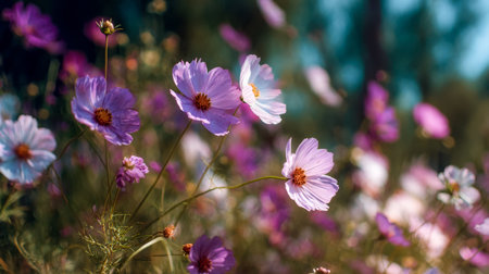 A vibrant array of cosmos blooms in hues of pink, purple, yellow, and white bathes in golden...