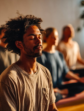 Calm individuals seated in cross-legged positions, surrounded by soft natural light and minimalist...
