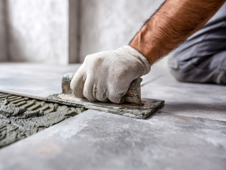 A worker spreads sticky adhesive onto the floor using a notched trowel, preparing the surface for...