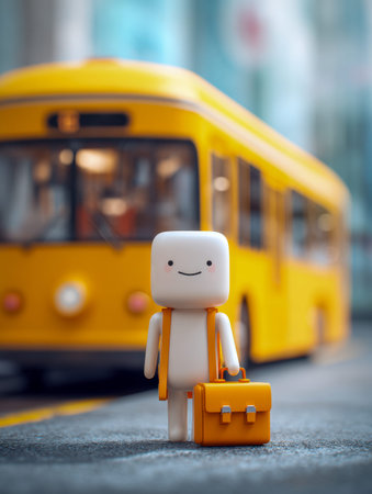 A charming tiny figure beams happily as it stands on city pavement, clutching a vibrant yellow...